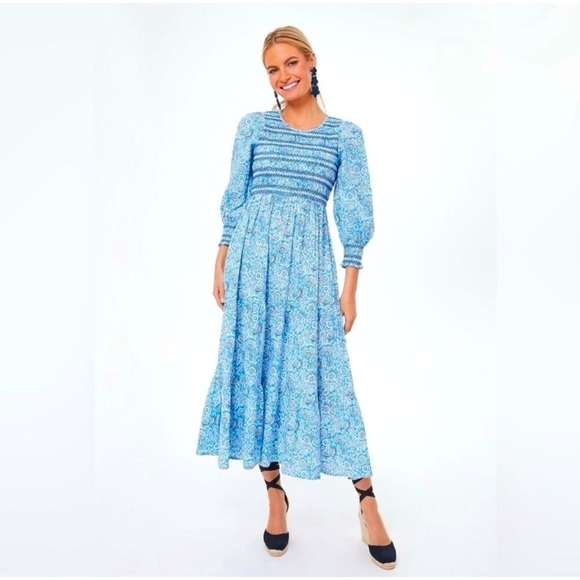 Pink City Prints Dresses & Skirts - NWT Pink City Prints Isabel Dress S Ornate Sky Blue Cotton Smocked Midi